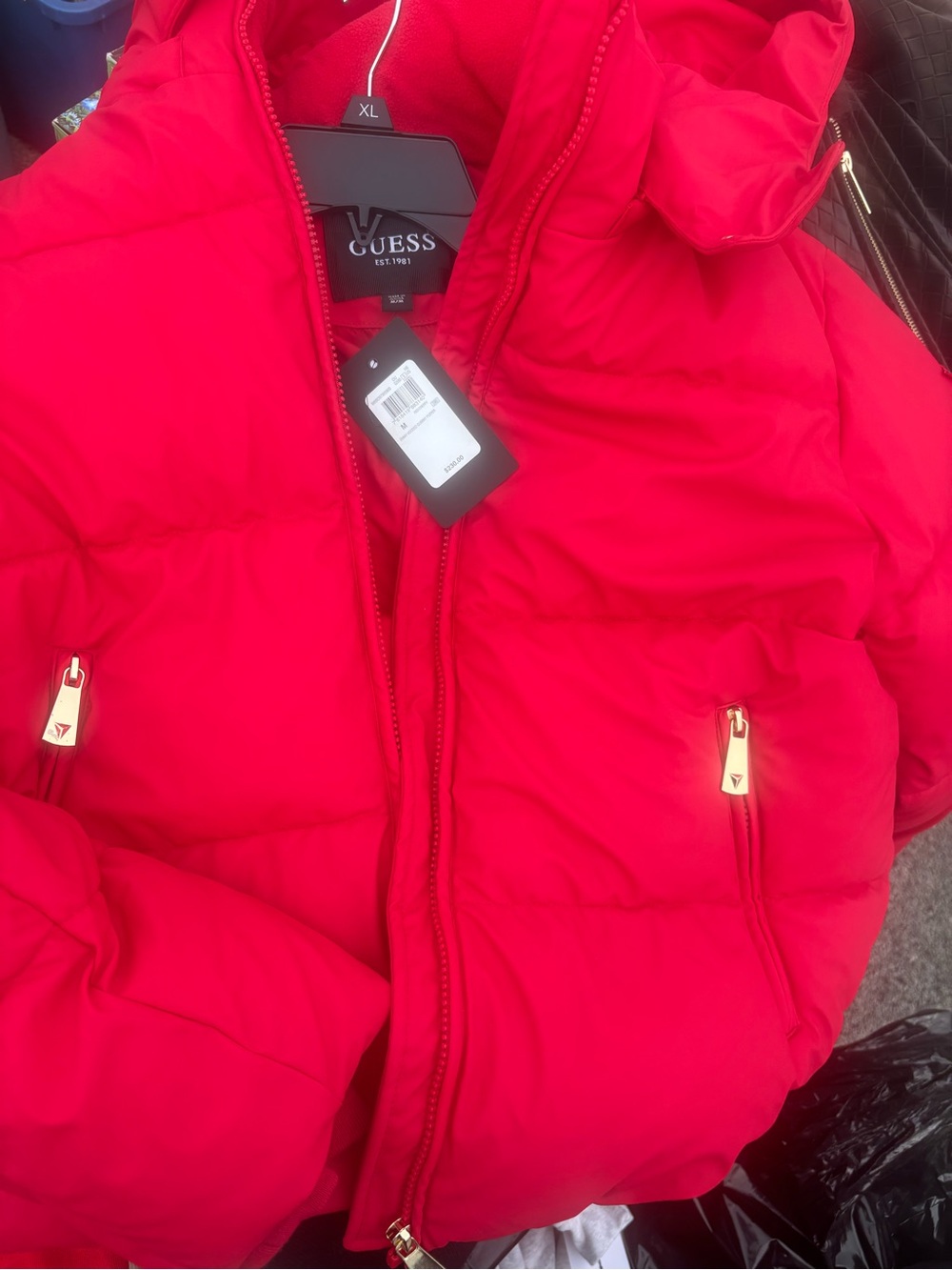 GUESS Bright Red Quilted Puffer Jacket with Hood